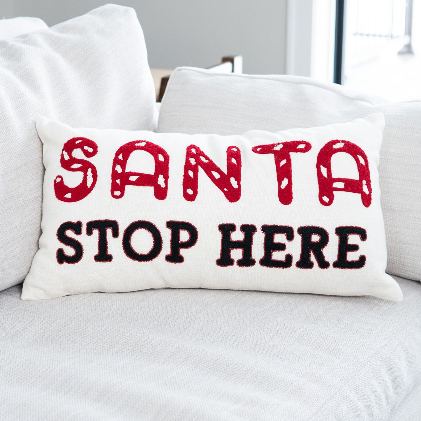 Christmas 12"x22" Santa Stop Here Embroidered Holiday Lumbar Pillow