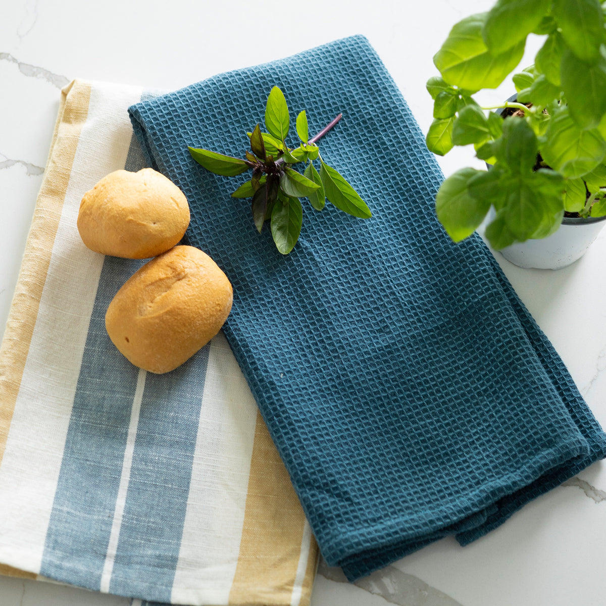 3 Piece Blue & Tan Stripe Kitchen Tea Towel Set