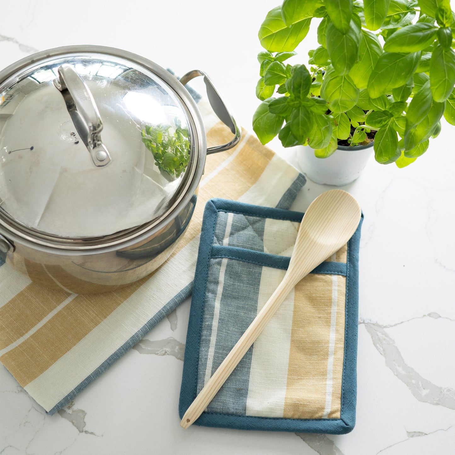 3 Piece Blue & Tan Stripe Kitchen Tea Towel & Pot Holder Set