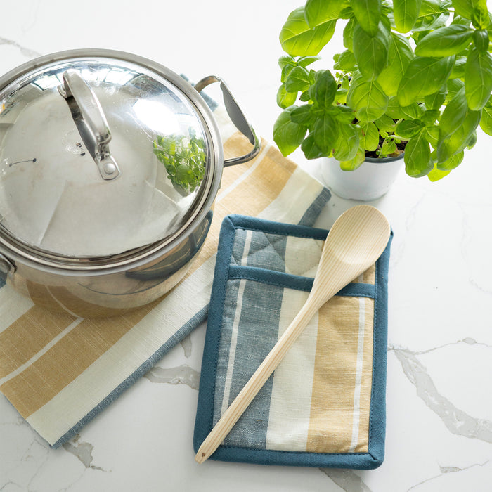 3 Piece Blue & Tan Stripe Kitchen Tea Towel & Pot Holder Set