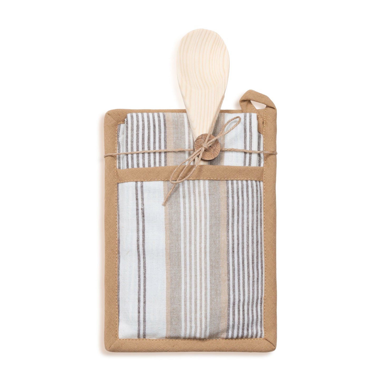 3 Piece Tan Stripe Kitchen Tea Towel & Pot Holder Set