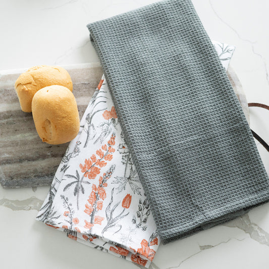 3 Piece Grey Floral Kitchen Tea Towel Set