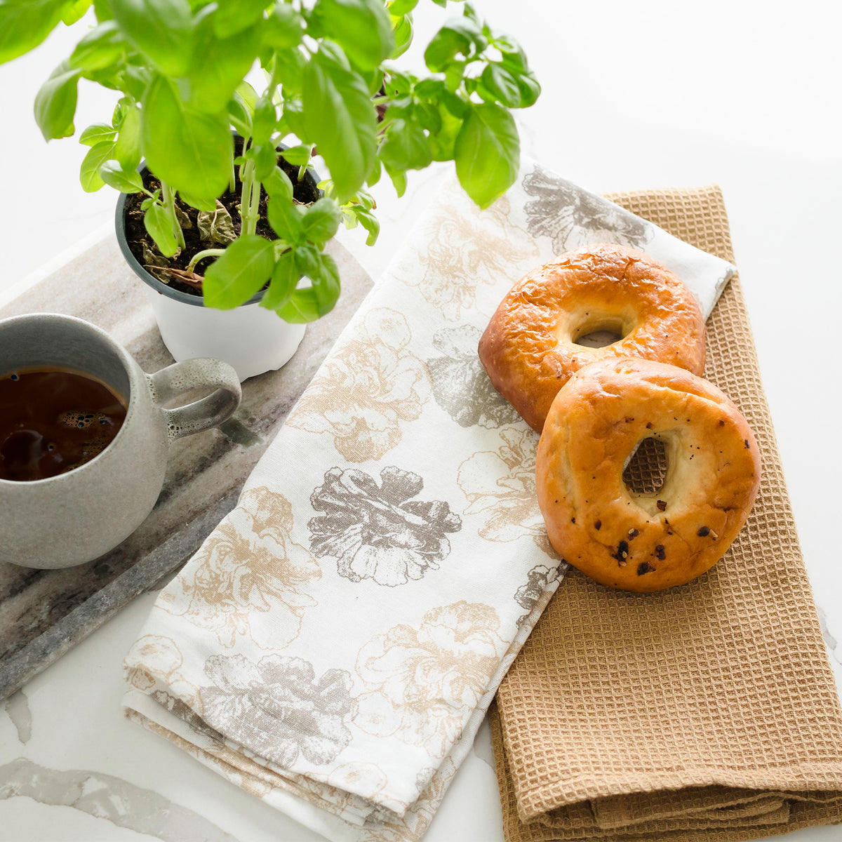 3 Piece Tan Floral Kitchen Tea Towel Set
