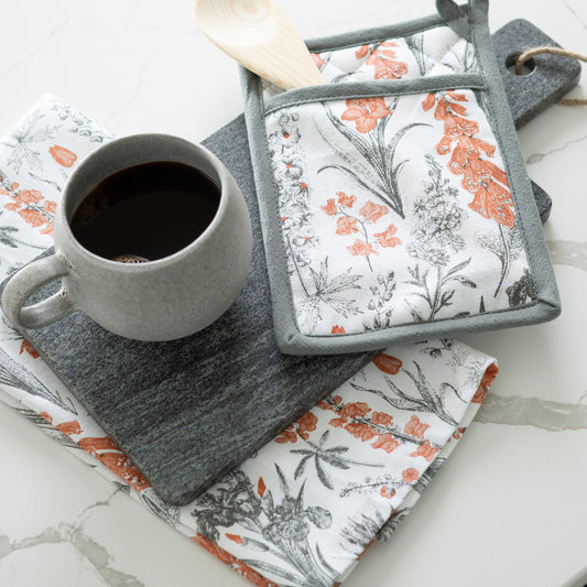 3 Piece Gray Floral Kitchen Tea Towel & Pot Holder Set