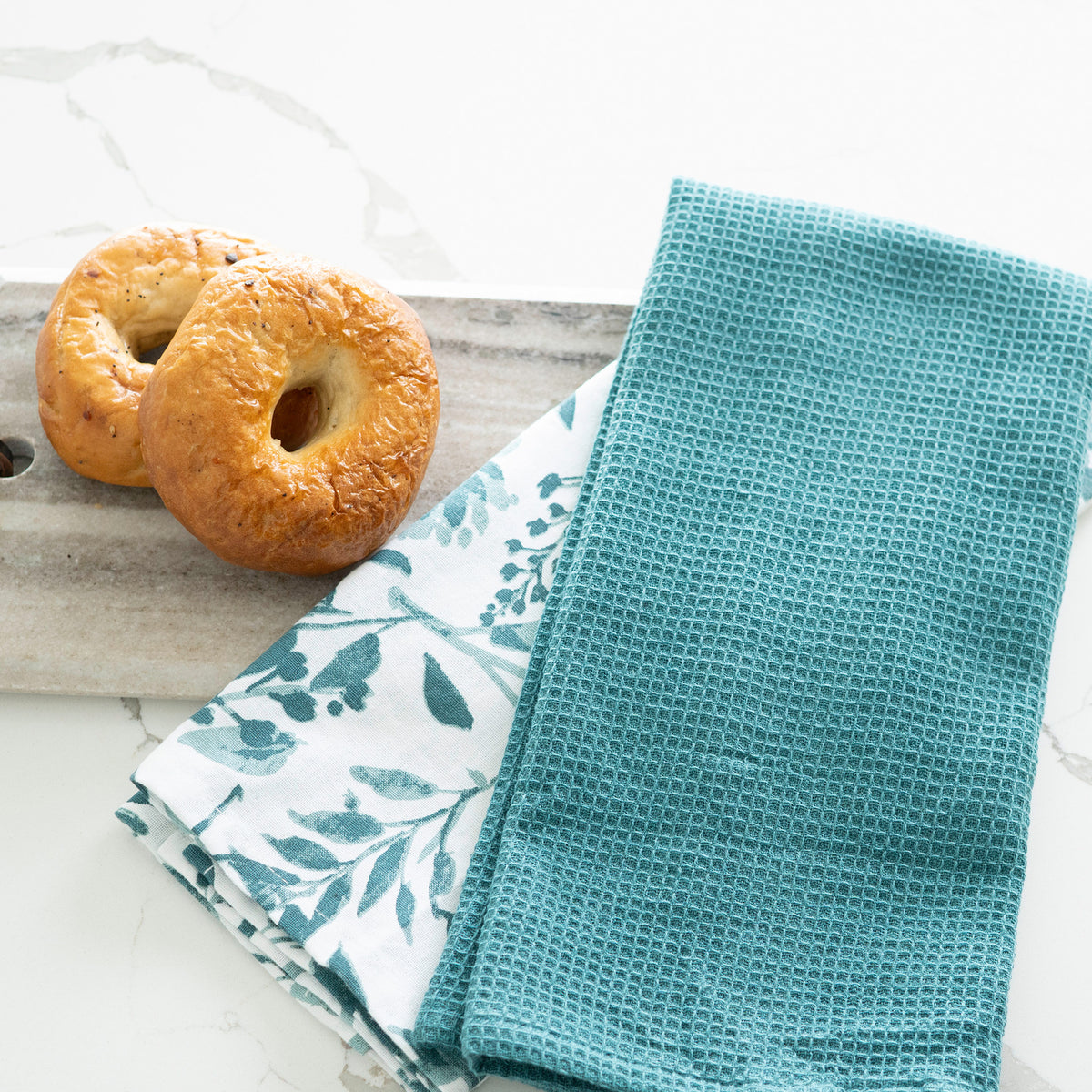 3 Piece Teal Floral Woven Kitchen Tea Towel Set
