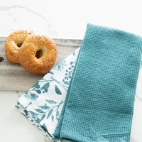 3 Piece Teal Floral Woven Kitchen Tea Towel Set