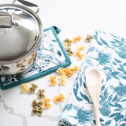 3 Piece Teal Floral Kitchen Tea Towel & Pot Holder Set