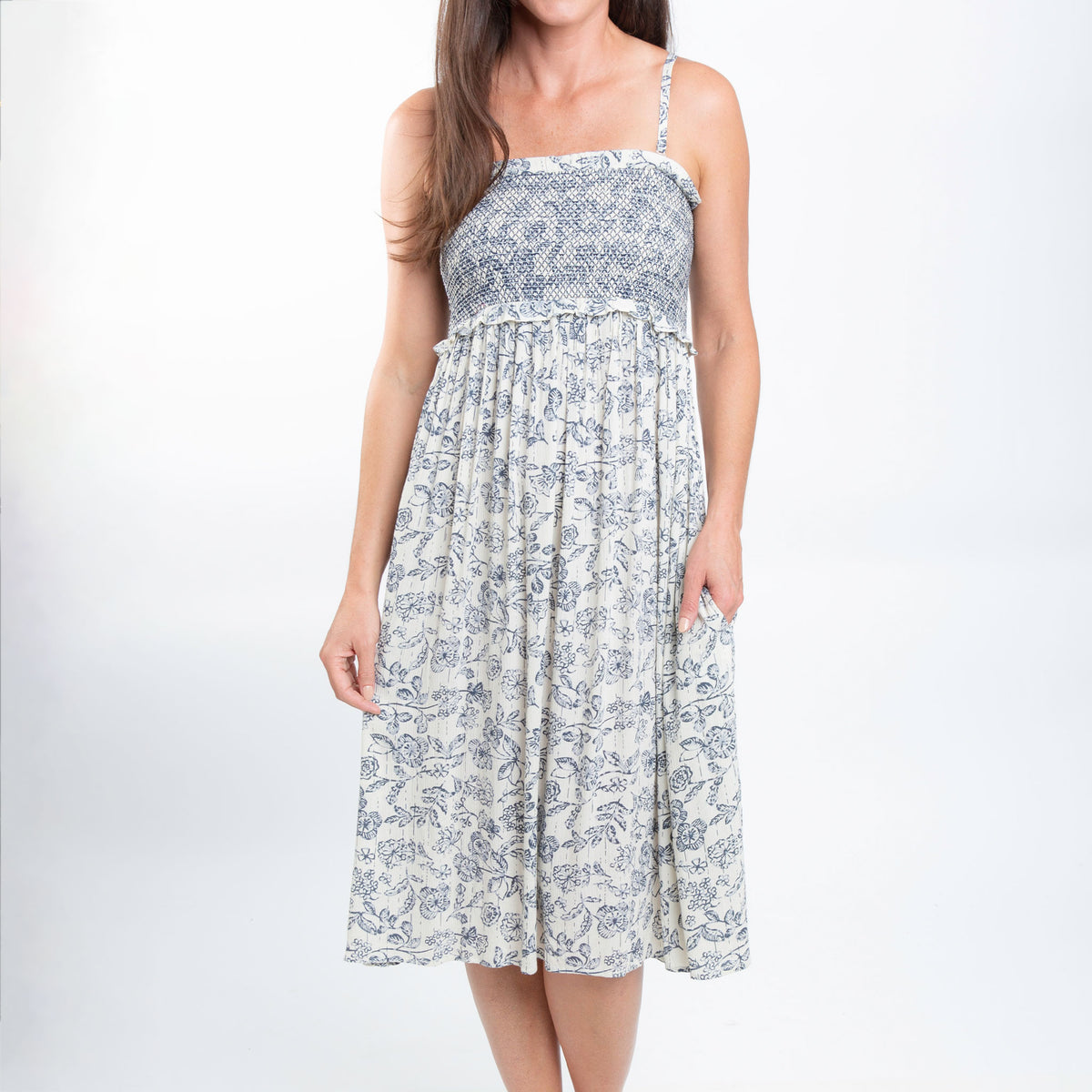 Sarai Smocked Bodice Toile De Jouy Midi Dress