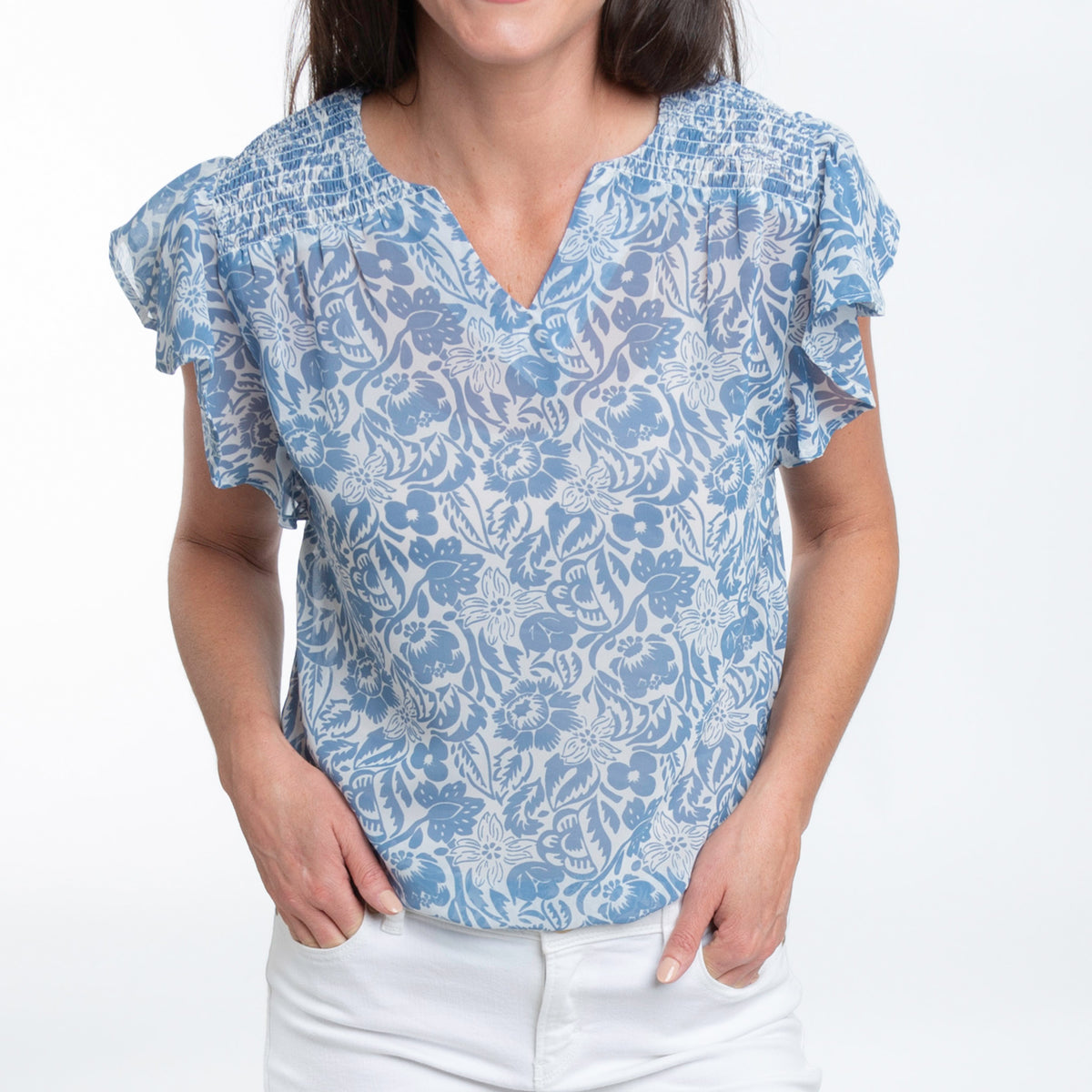 Petra Ruffle Short Sleeve V-Neck Blouse
