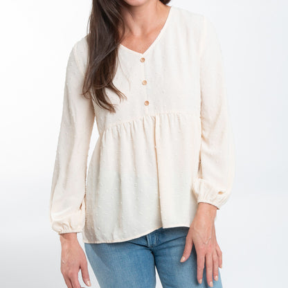 Kyra Swiss Dot V-Neck Long Sleeve Babydoll Blouse