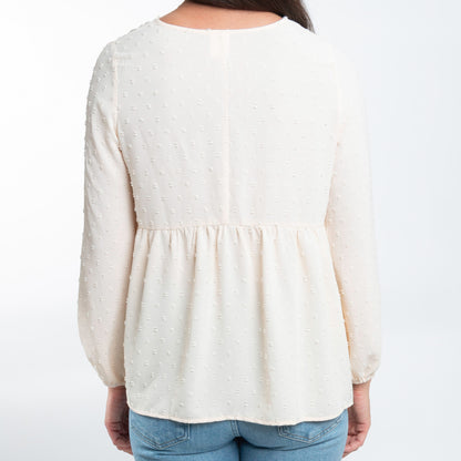 Kyra Swiss Dot V-Neck Long Sleeve Babydoll Blouse