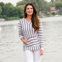 Brodie Hooded V-Neck Long Sleeve Striped Top