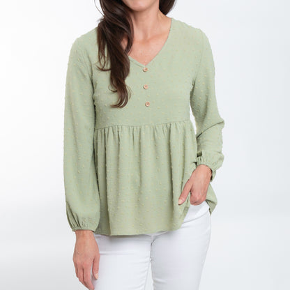 Kyra Swiss Dot V-Neck Long Sleeve Babydoll Blouse