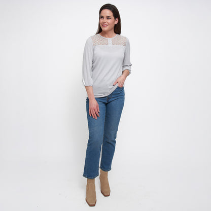 Selena 3/4 Sleeve Ribbed Jersey Henley Blouse