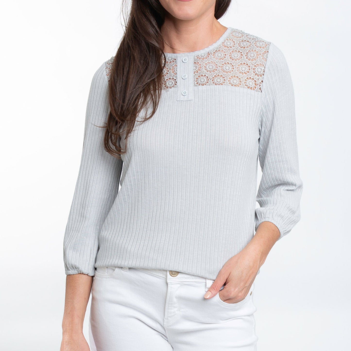Selena 3/4 Sleeve Ribbed Jersey Henley Blouse