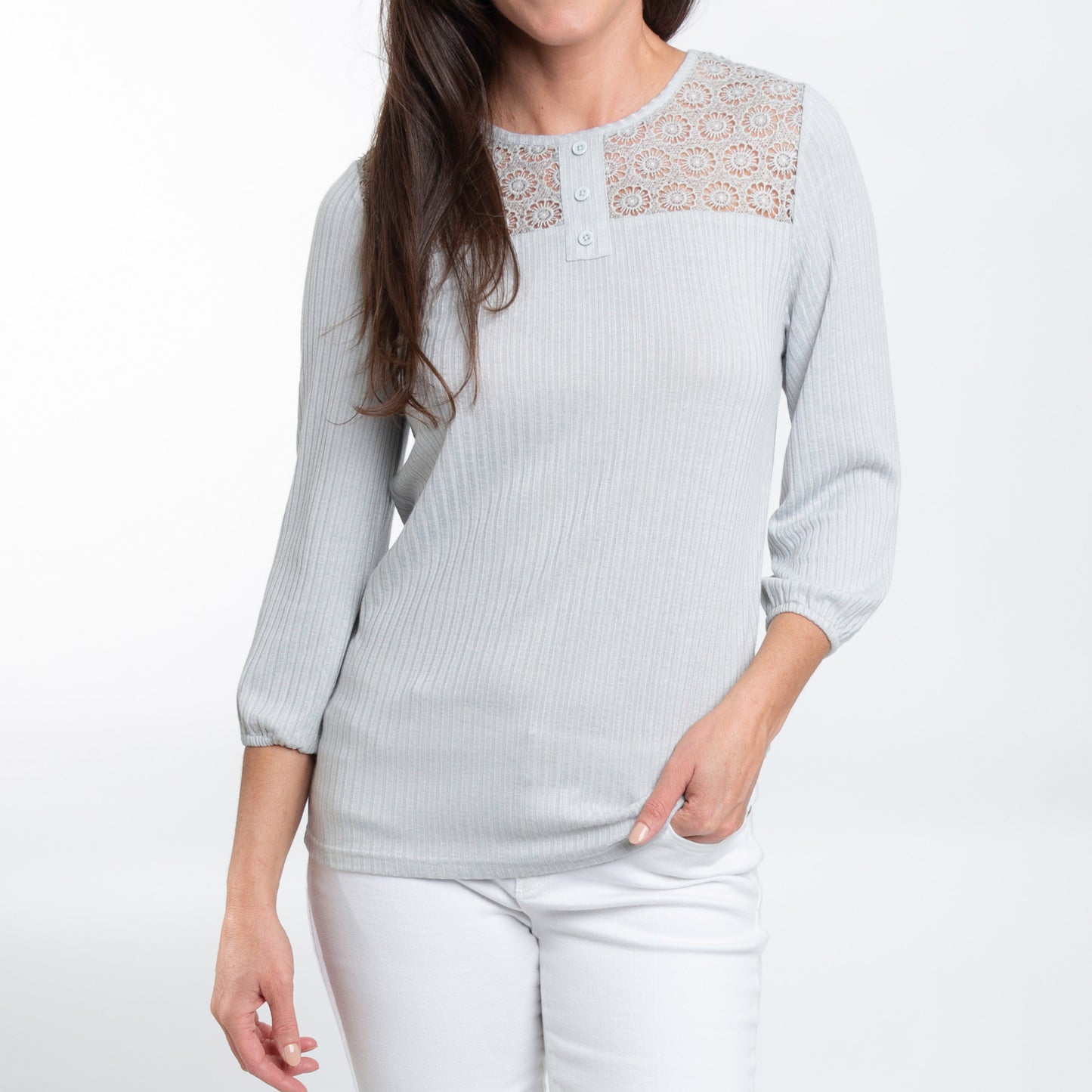 Selena 3/4 Sleeve Ribbed Jersey Henley Blouse