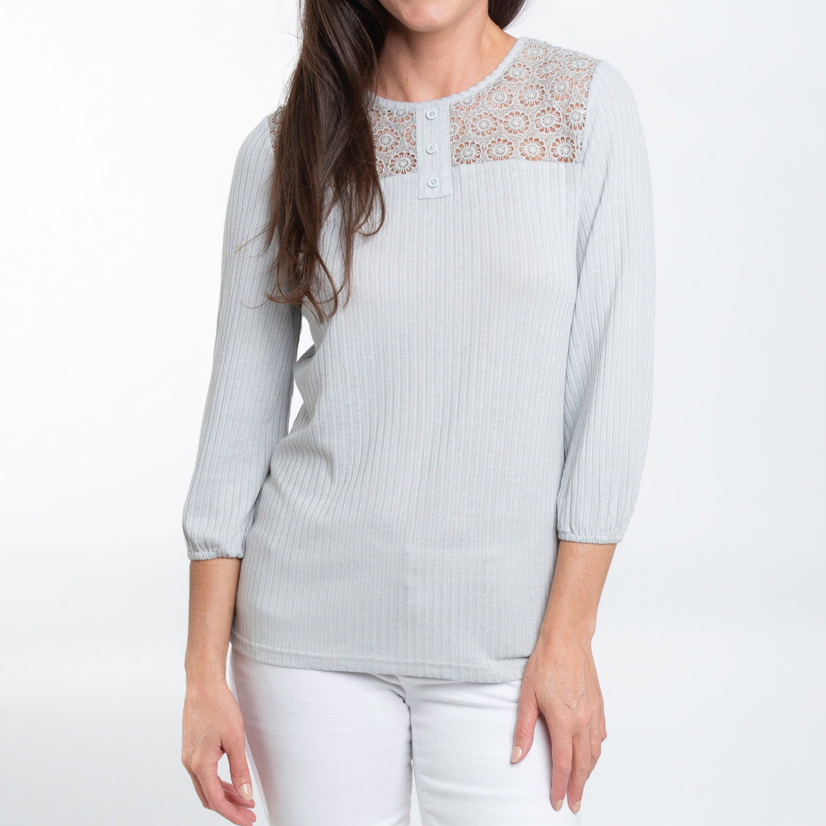 Selena 3/4 Sleeve Ribbed Jersey Henley Blouse
