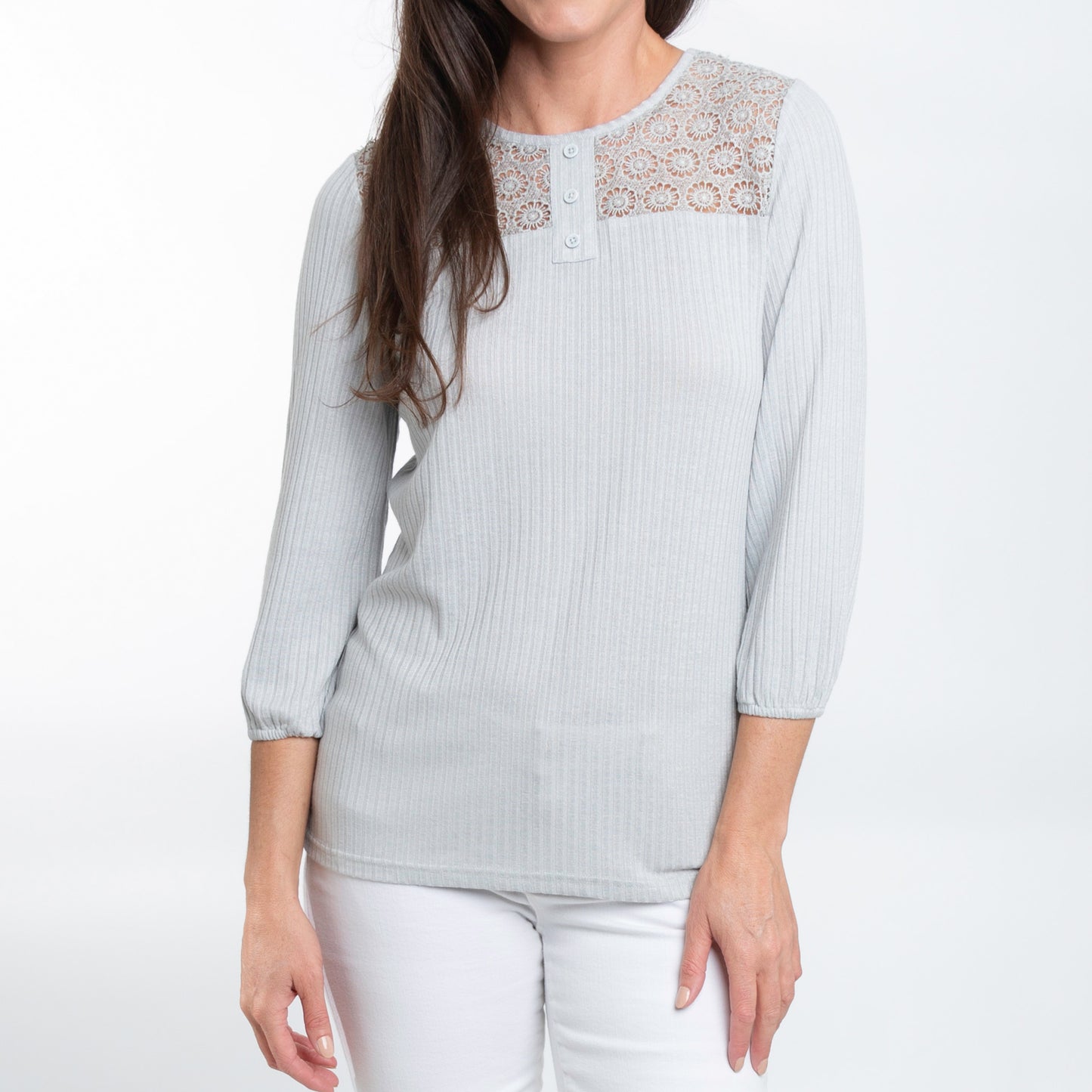 Selena 3/4 Sleeve Ribbed Jersey Henley Blouse