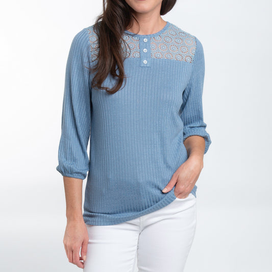 Selena 3/4 Sleeve Ribbed Jersey Henley Blouse