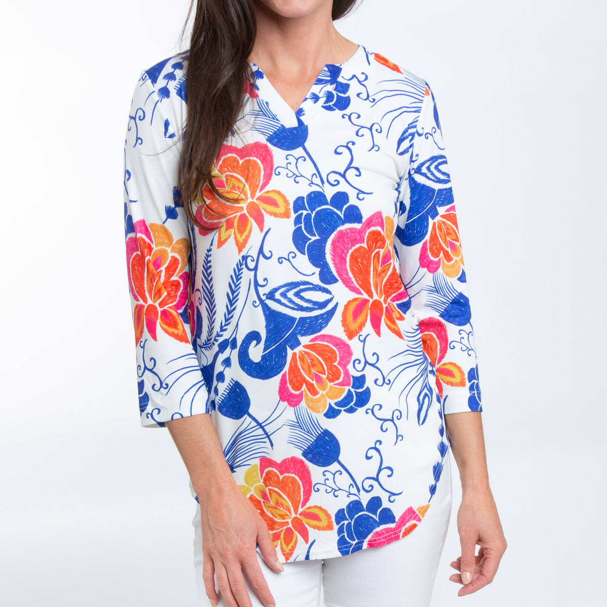 Daisy 3/4 Sleeve V-Neck Jersey Floral Tunic Blouse