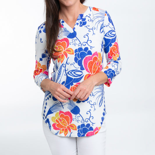 Daisy 3/4 Sleeve V-Neck Jersey Floral Tunic Blouse