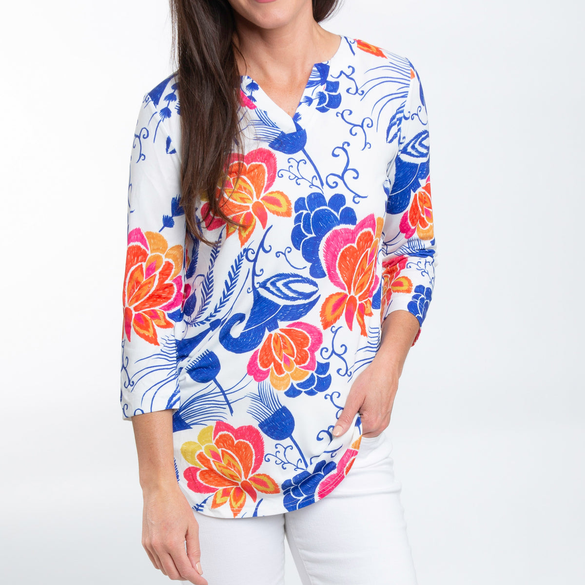 Daisy 3/4 Sleeve V-Neck Jersey Floral Tunic Blouse