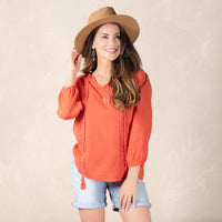 Larisa Cotton Gauze 3/4 Bishop Sleeve Tie Blouse