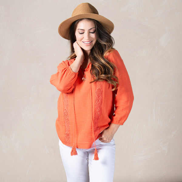 Larisa Cotton Gauze 3/4 Bishop Sleeve Tie Blouse