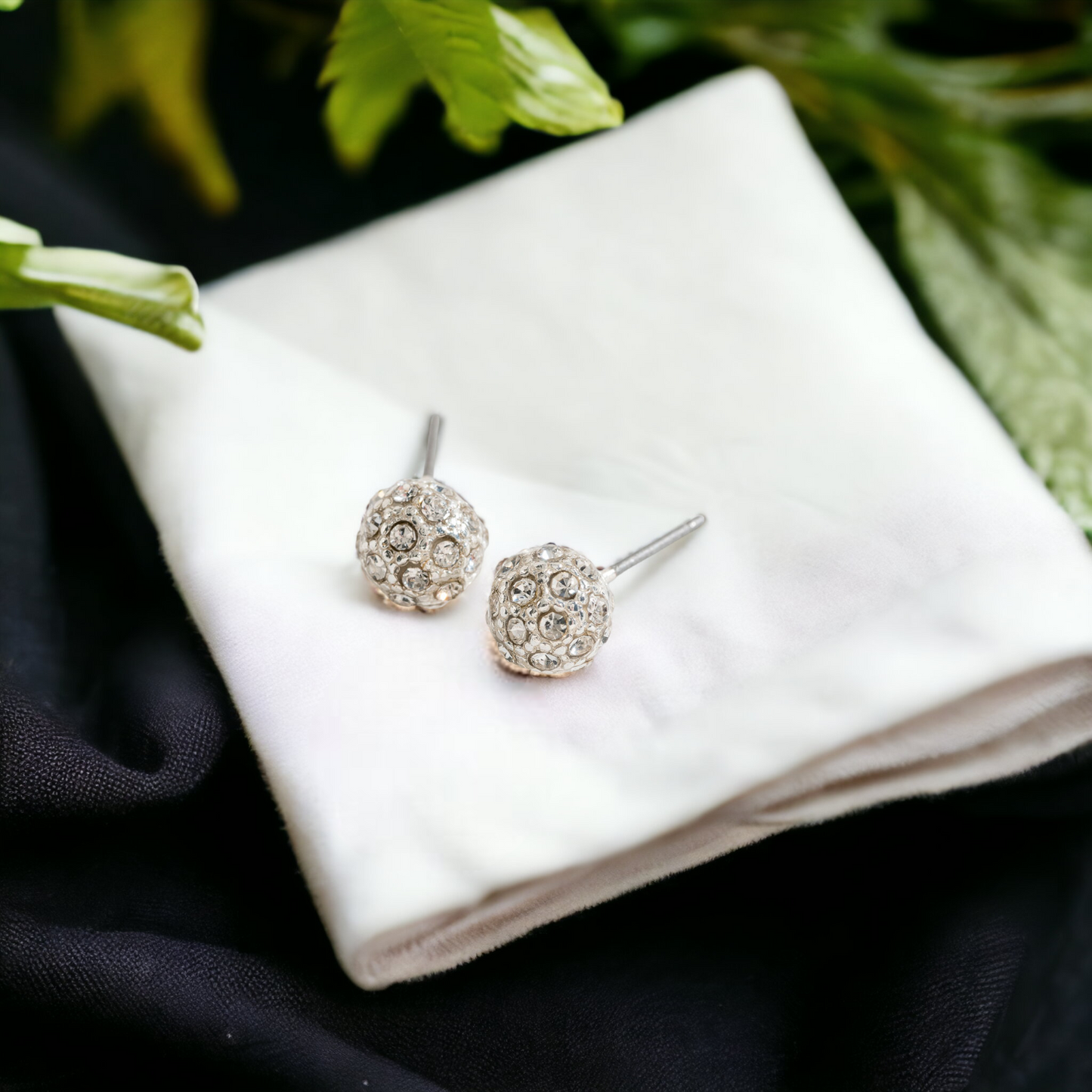 Silver Pave Stone Ball Stud Earrings