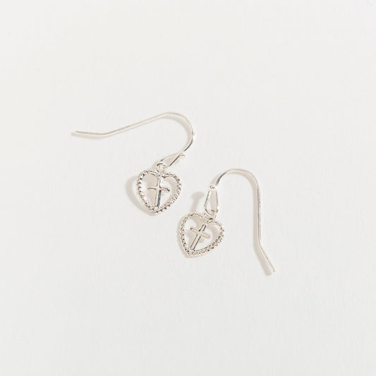 Silver Heart with Cross Drop Earrings