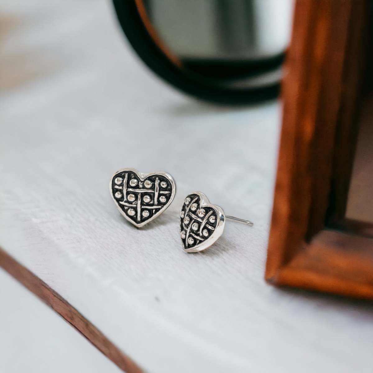Antique Silver Heart Stud Earrings