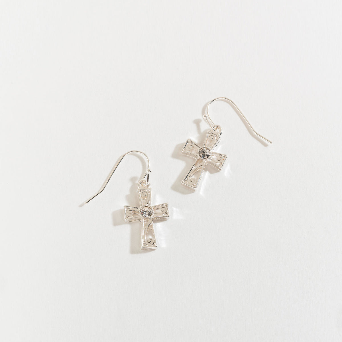 Silver Crystal Drop Cross Earrings