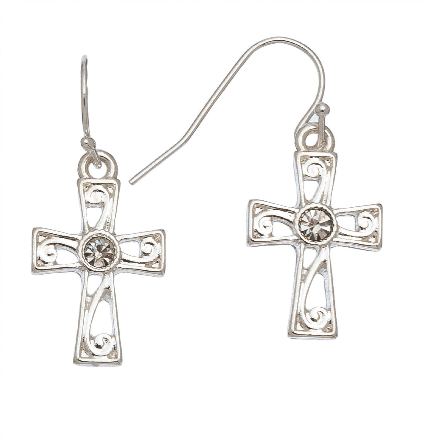 Silver Crystal Drop Cross Earrings