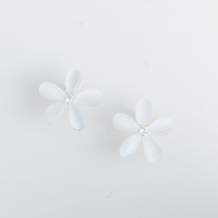 Ear Sense Silver White Cateye Flower Stud Earrings