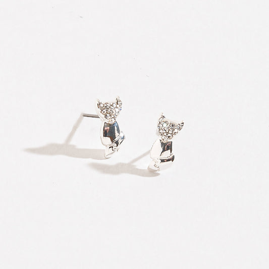 Silver Cat Pave Stud Earrings