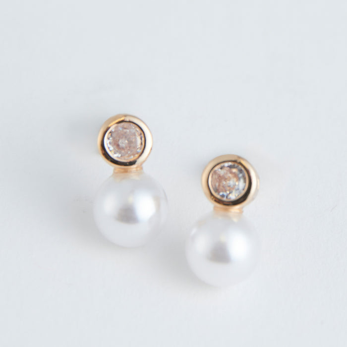 Ear Sense Gold Pearl and Crystal Drop Earrings