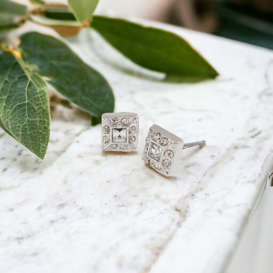 Silver Square Crystal Stone Earrings