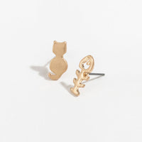 Stud Buds Gold Kitty & Fish Bone Stud Earrings