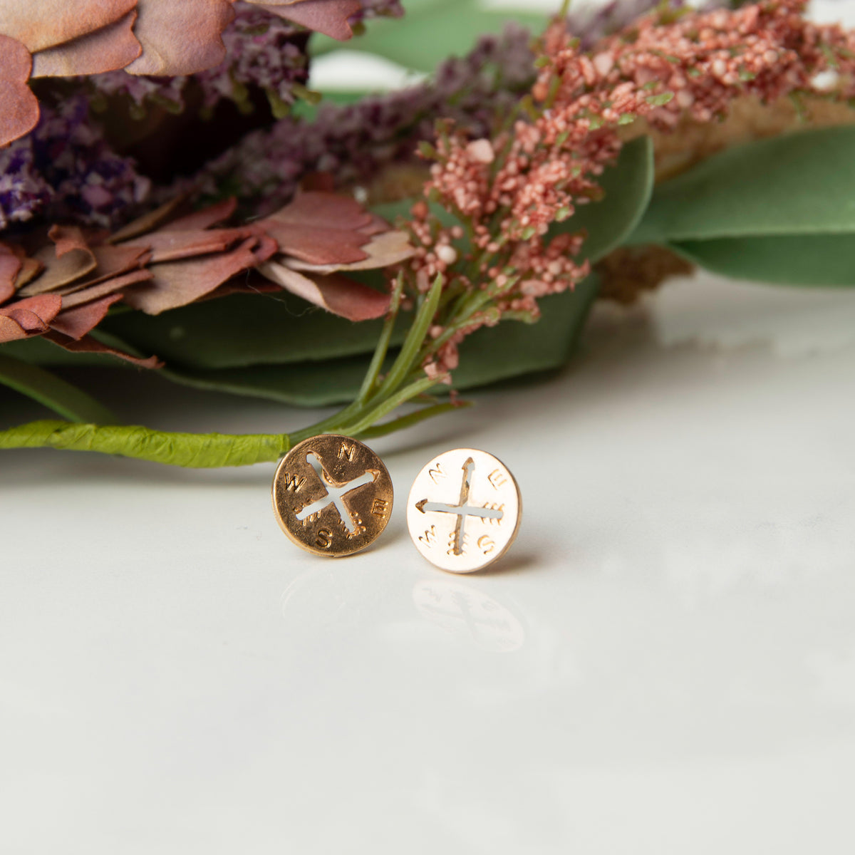 Compass Gold Stud Bud Earrings