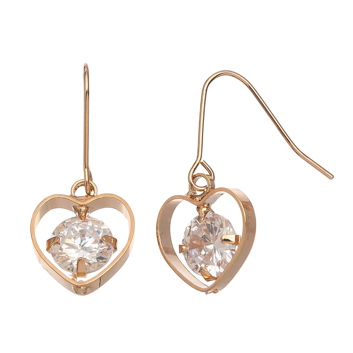 Cubic Zirconia Gold Heart Drop Earrings