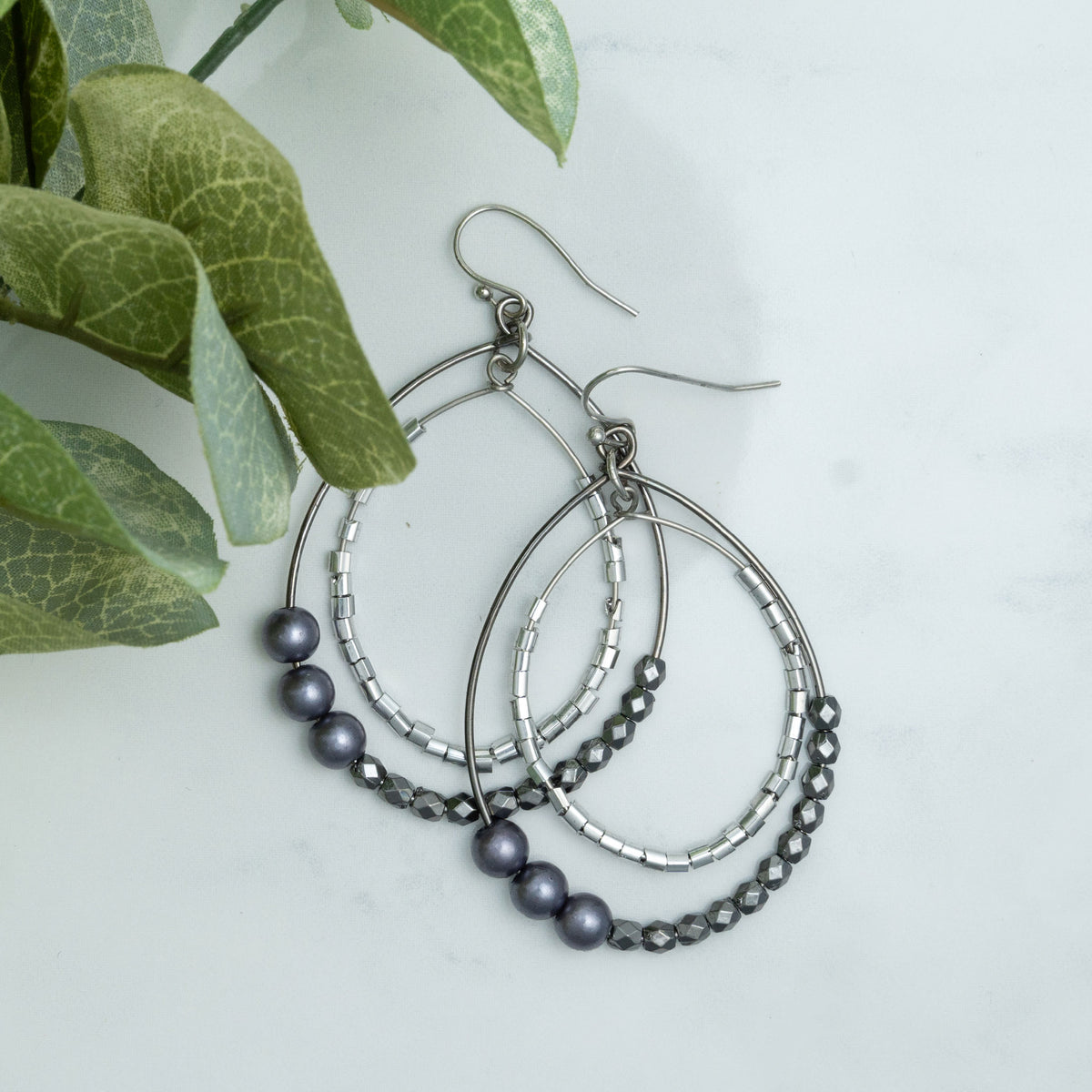 Andra Pearl Drop Earrings with Pearl & Hematite Beads