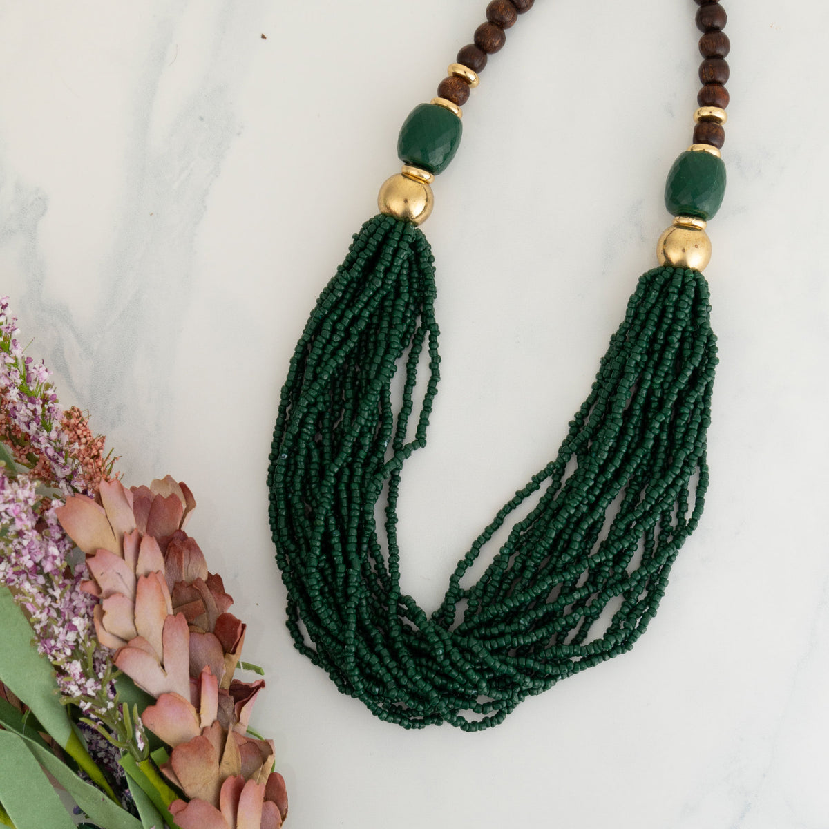 Safiya Deep Green 16" Seed Bead Necklace