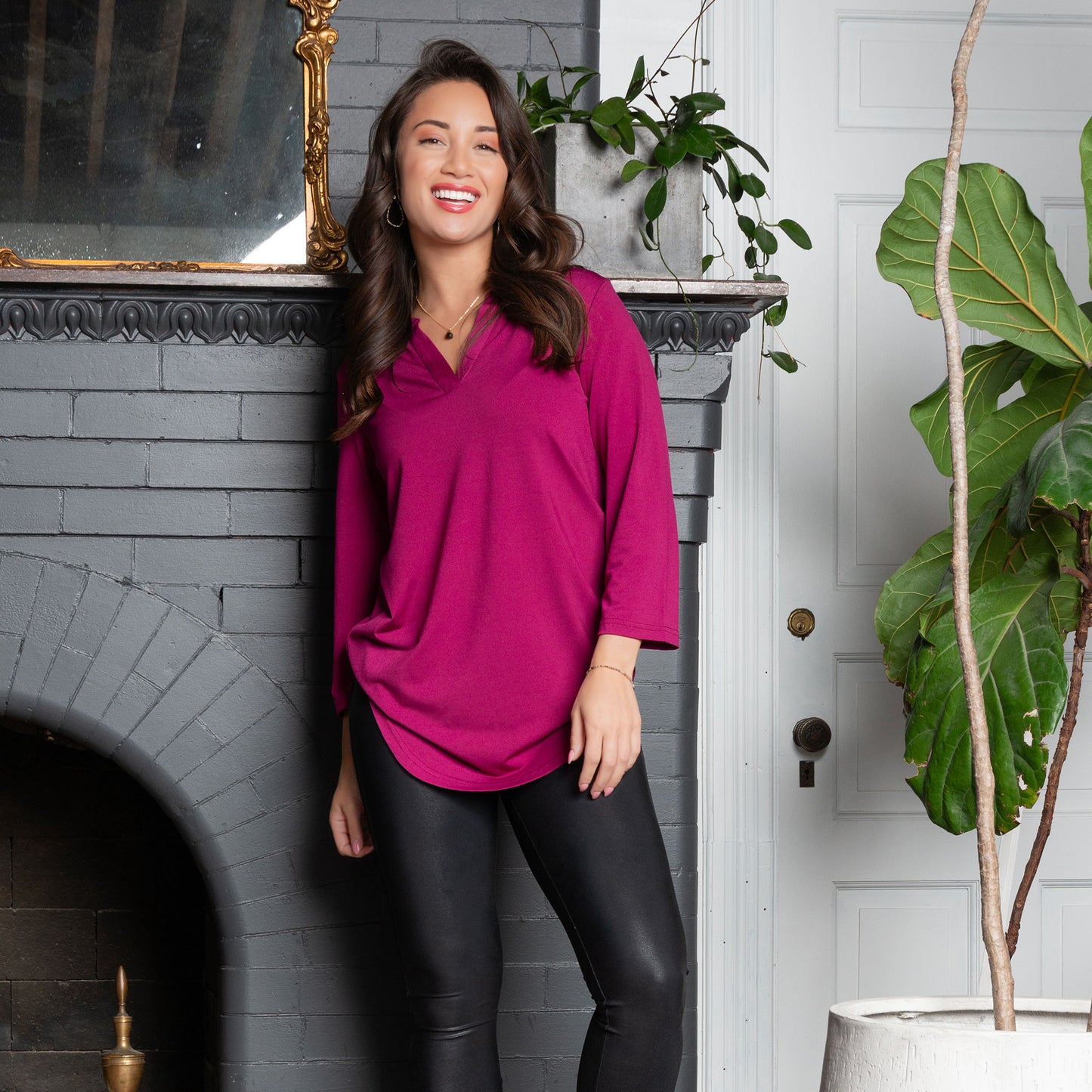 Daisy 3/4 Sleeve V-Neck Jersey Fuschia Tunic Blouse
