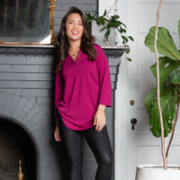 Daisy 3/4 Sleeve V-Neck Jersey Fuschia Tunic Blouse