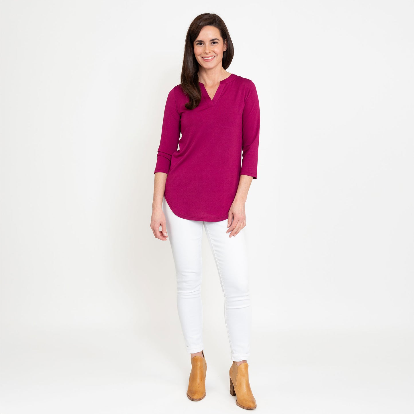 Daisy 3/4 Sleeve V-Neck Jersey Fuschia Tunic Blouse