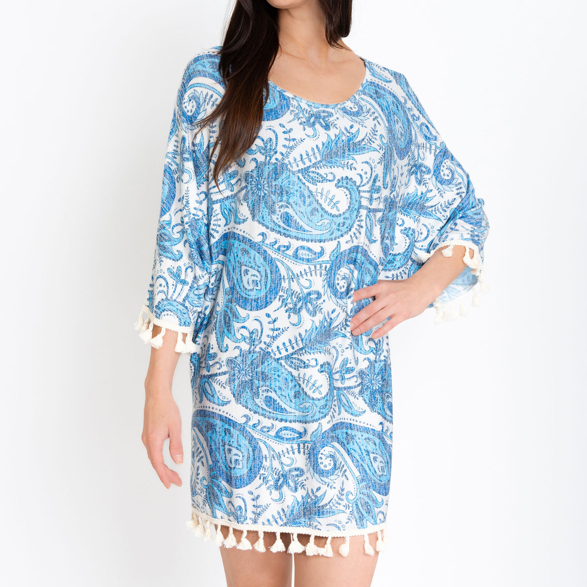 Elsie Blue Paisley Fringe One Size Beach Swimsuit Cover Up