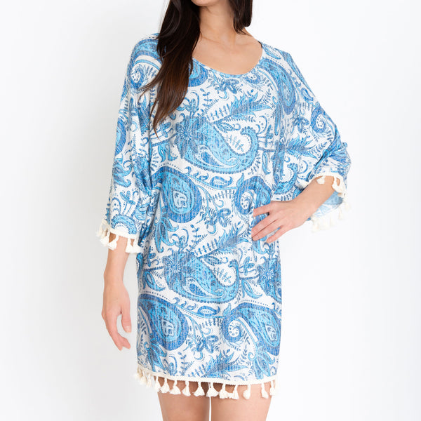 Elsie Blue Paisley Fringe One Size Beach Swimsuit Cover Up
