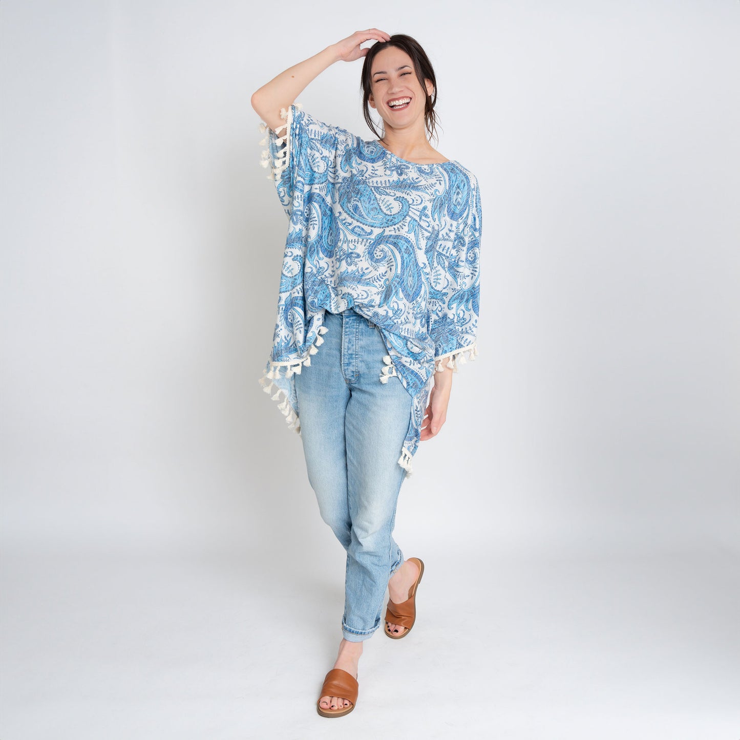 Elsie Blue Paisley Fringe One Size Beach Swimsuit Cover Up