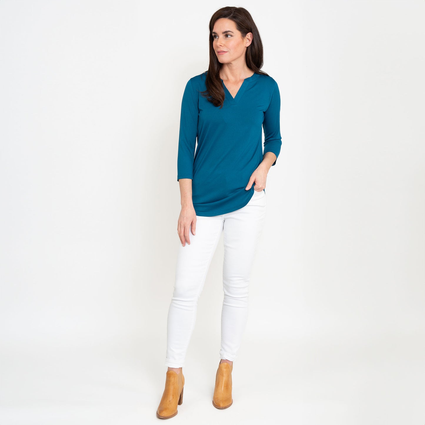 Daisy 3/4 Sleeve V-Neck Jersey Teal Tunic Blouse