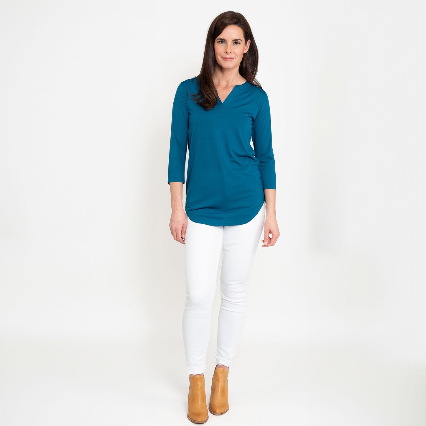 Daisy 3/4 Sleeve V-Neck Jersey Teal Tunic Blouse